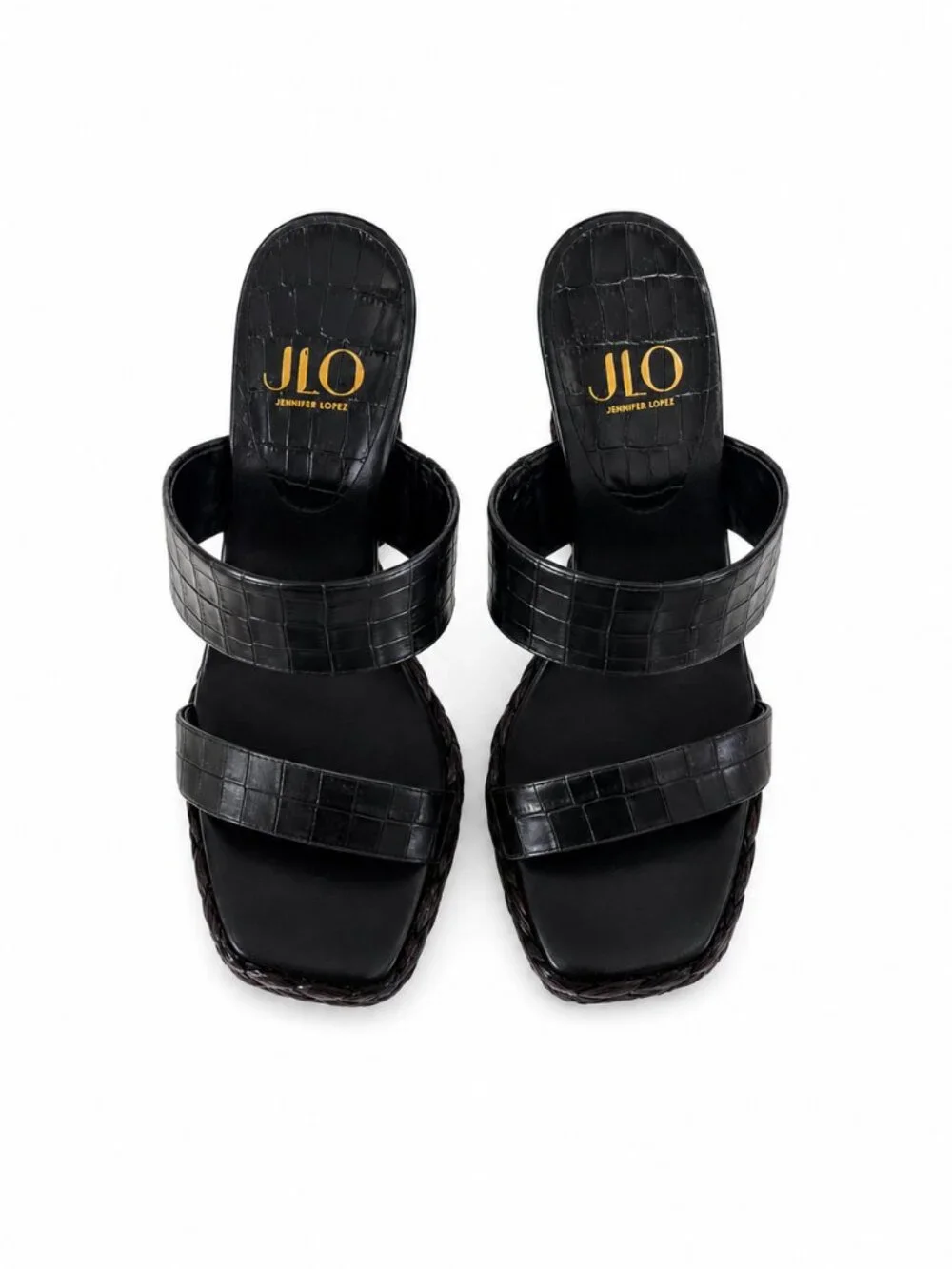 JLO Jennifer Lopez Black Croc-Embossed Platform Wedge Sandals | Size 8